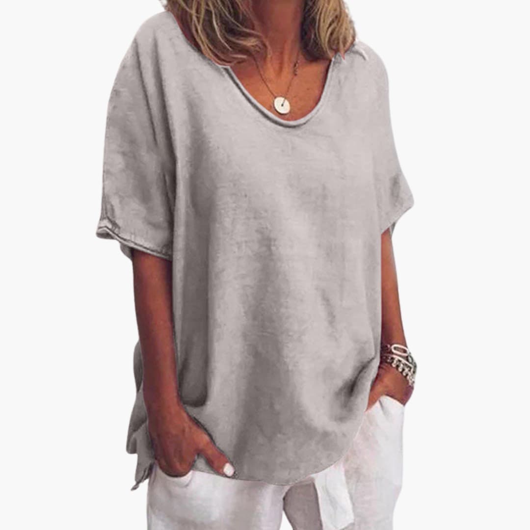 Women's loose-fit short sleeve round neck blouse, lightweight flowing fabric for summer office wear