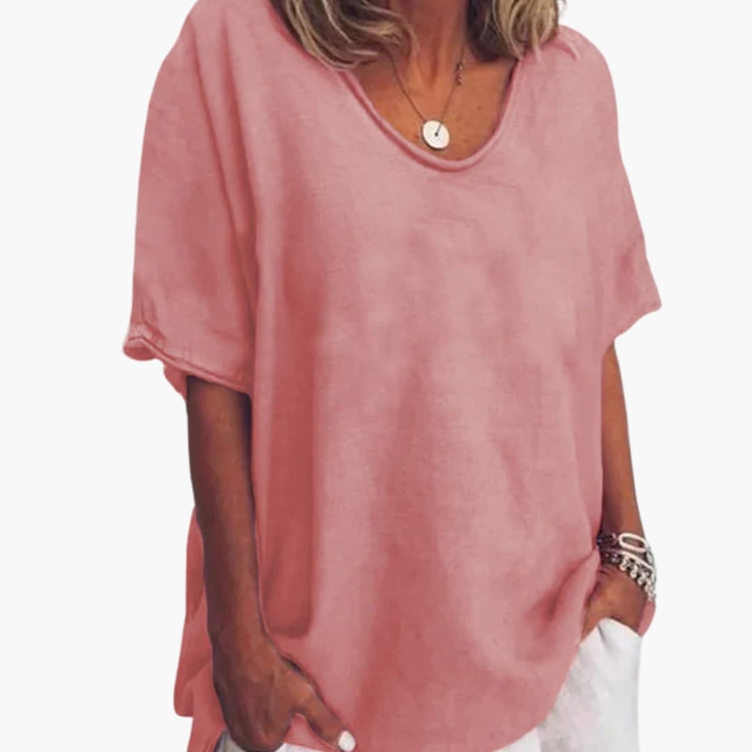 Women's loose-fit short sleeve round neck blouse, flowy summer style with slightly folded sleeve detail