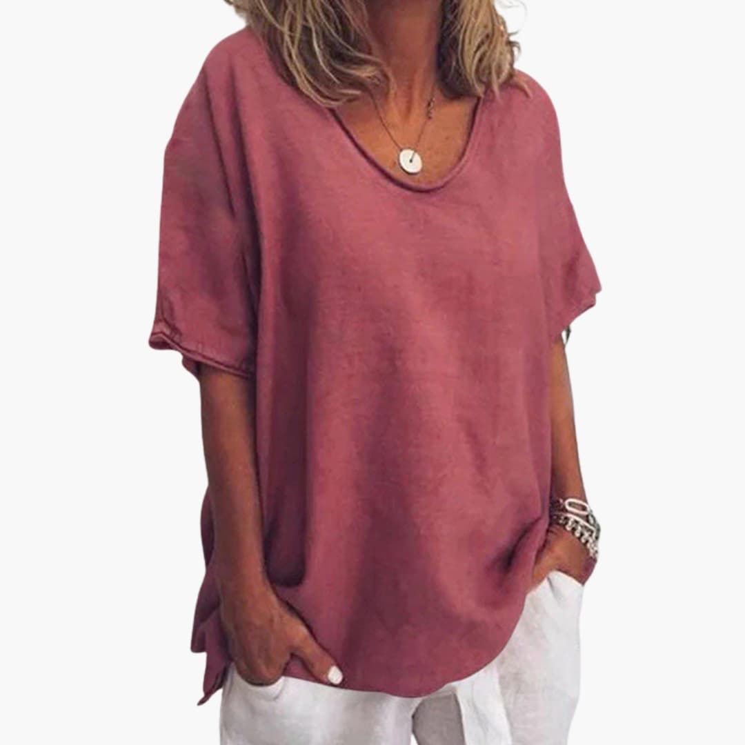 Women's loose flowing blouse short sleeves round neck lightweight summer office casual wear