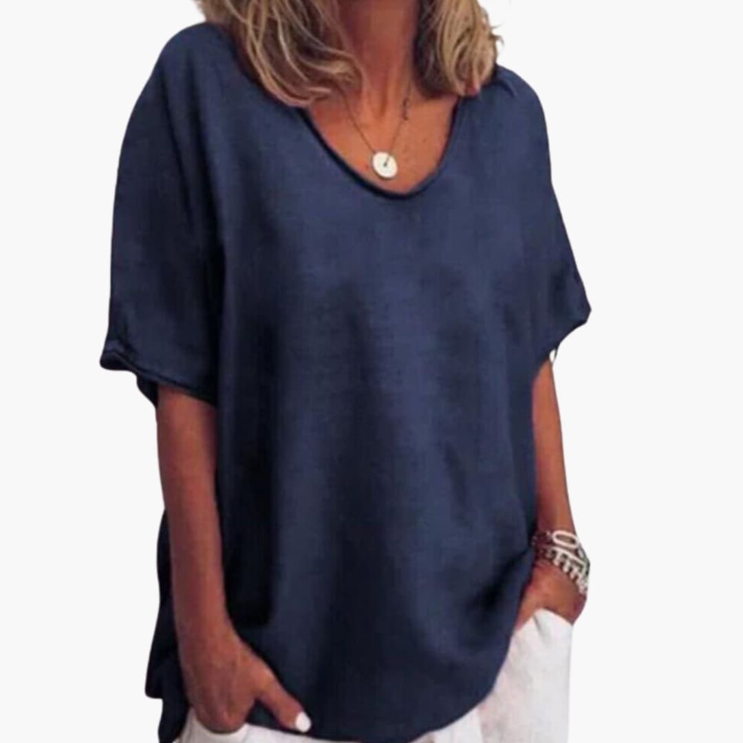 Women's loose-fit short sleeve round neck blouse, lightweight flowing fabric for summer office wear