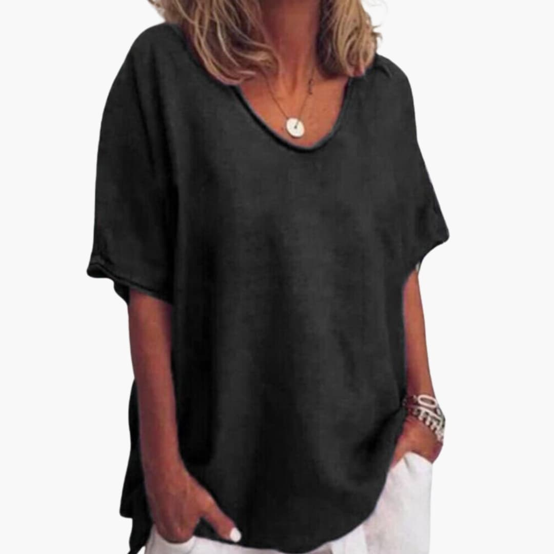 Women's loose-fit short sleeve round neck blouse, light flowing fabric ideal for summer office wear