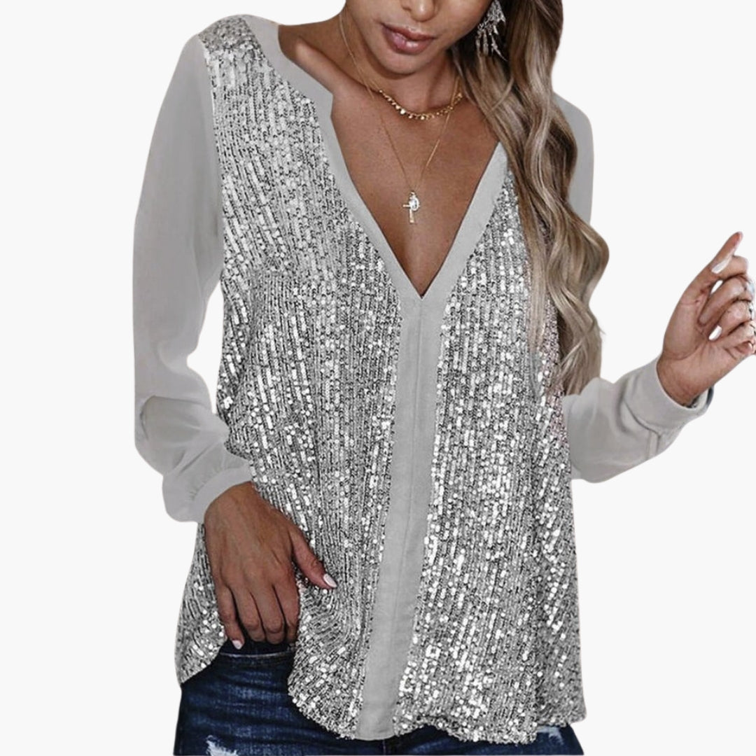 Women's black sequin front V-neck blouse with sheer long sleeves, elegant evening top