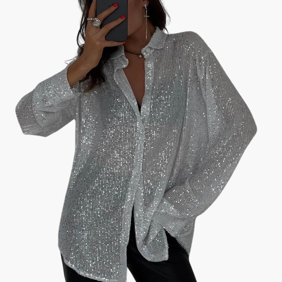 Women's silver sequin oversized blouse, long sleeves, structured chic cut for party evenings