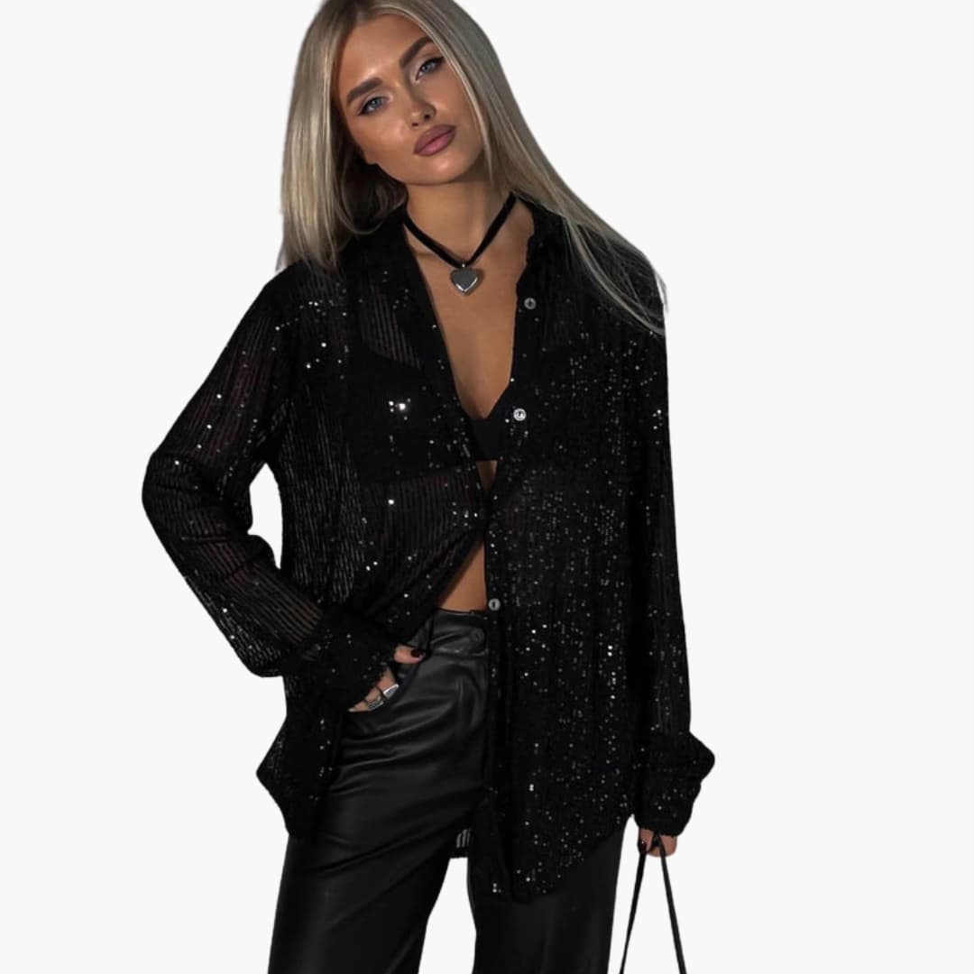 Women's silver oversized sequin blouse, long sleeves, structured chic party cut with all-over sparkle