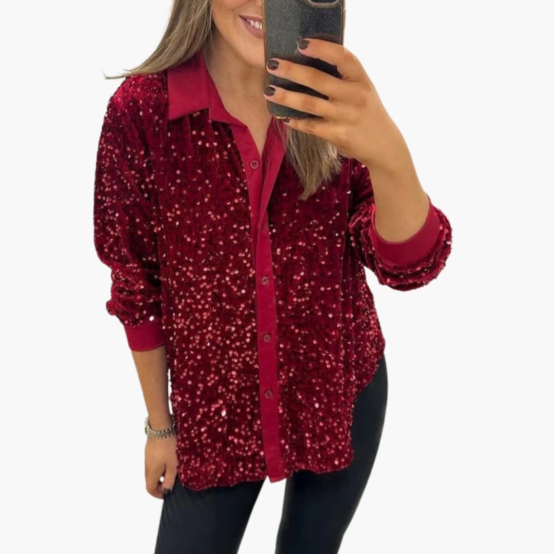 Women's silver sequin embellished blouse classic collar button-front evening party top