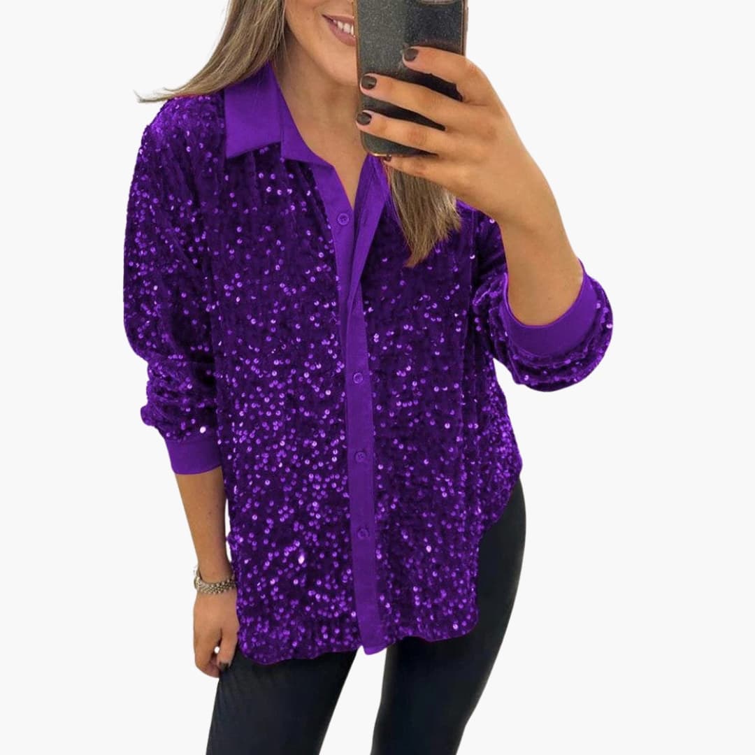 Women's silver sequin embellished blouse classic collar button-front festive evening top
