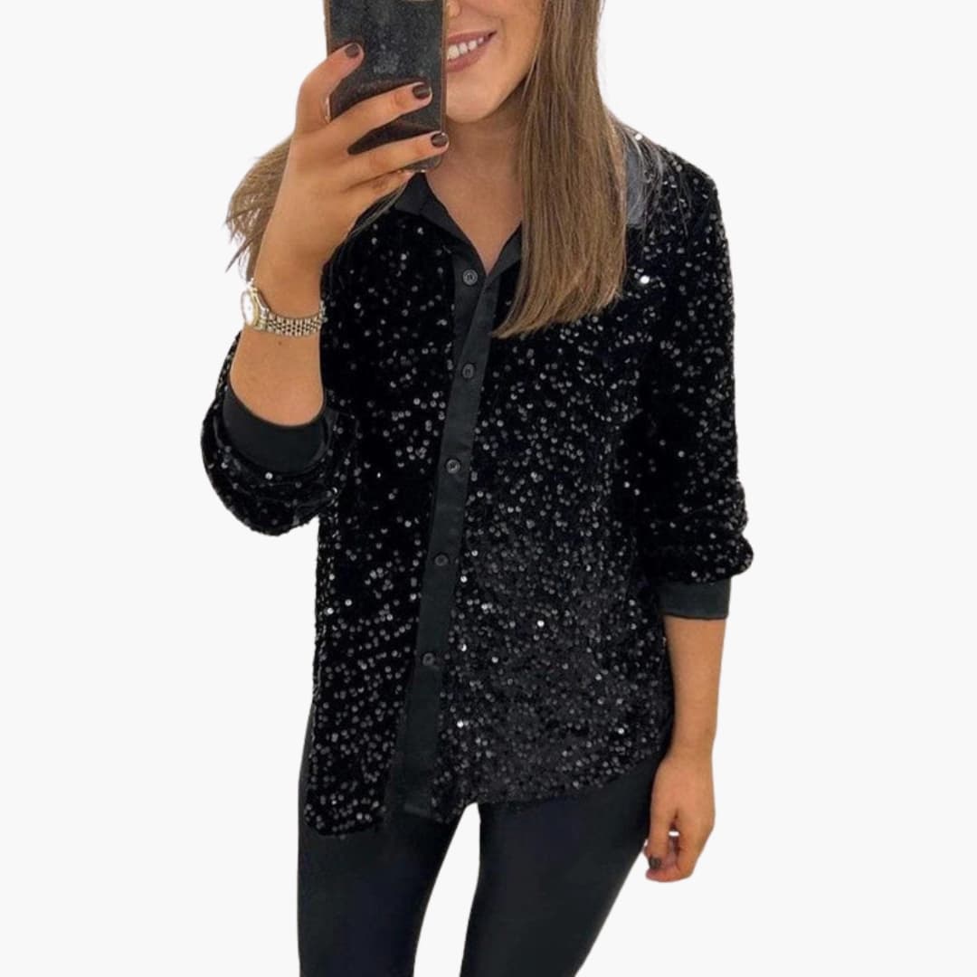 Women's silver sequin blouse classic collar button-front shimmering evening party top