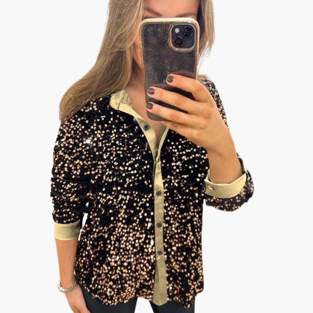 Women's silver sequin embellished blouse classic collar button front evening party top