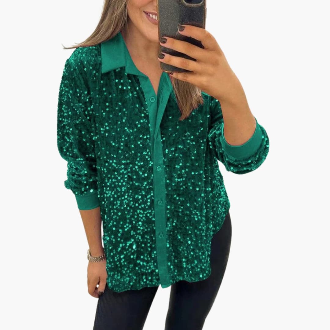 Women's silver sequin embellished blouse with classic collar and button front for evening parties