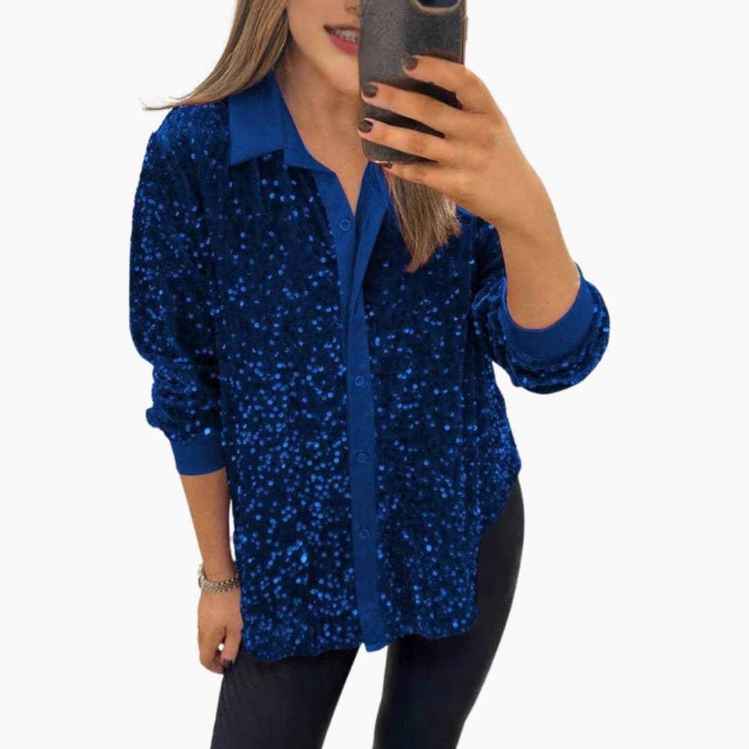 Women's silver sequin embellished blouse with classic collar and button front for evening parties