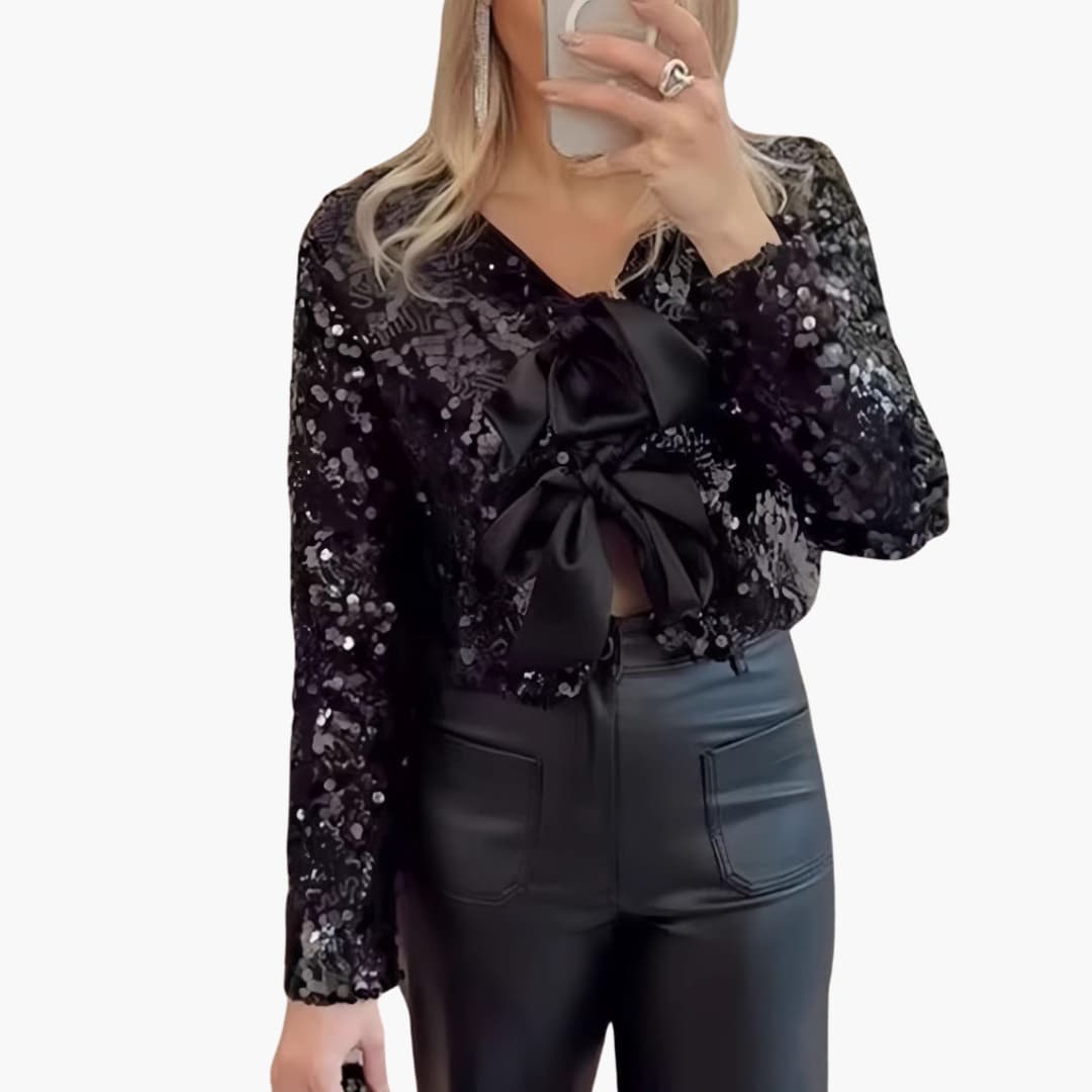 Women's silver sequined bow blouse with classic collar, long sleeves, elegant office style