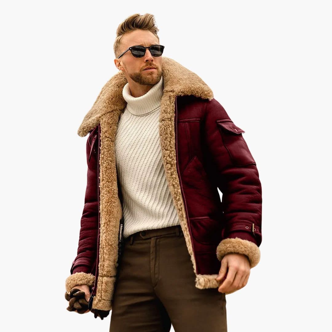 Men's black aviator winter jacket oversized collar plush lining structured fit premium warmth