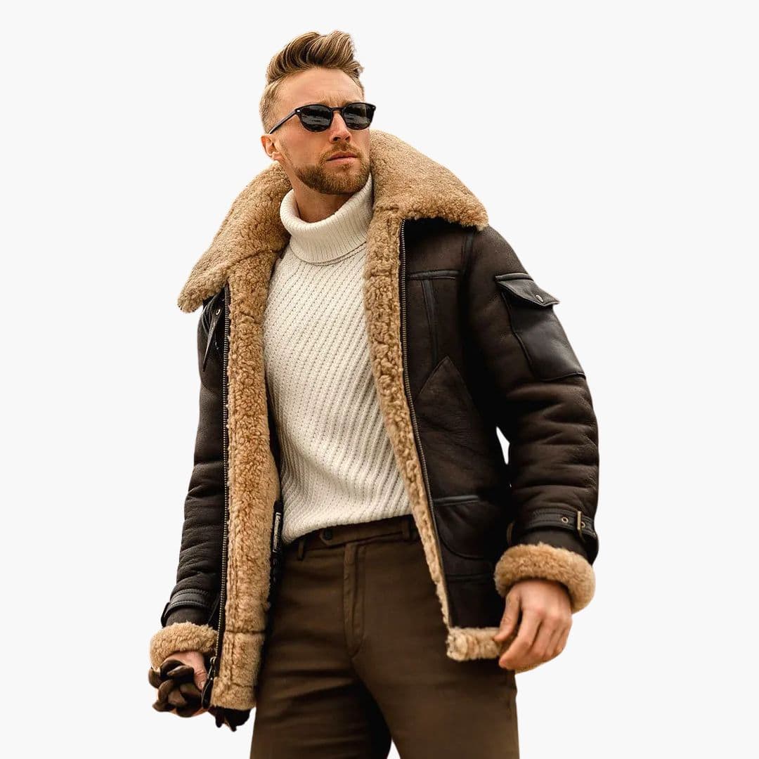 Men's black aviator winter jacket oversized collar plush lining structured fit cold weather