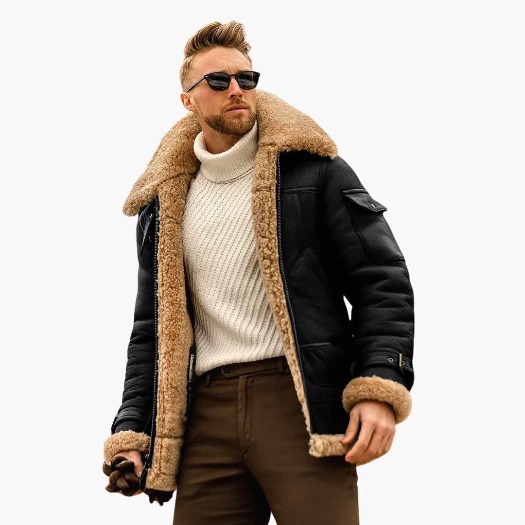 Men's black aviator winter jacket oversized collar plush lining structured fit premium warmth