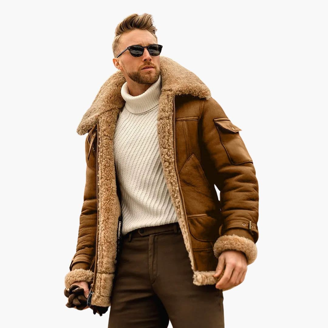 Men's brown aviator winter jacket oversized collar plush lining structured fit premium warmth
