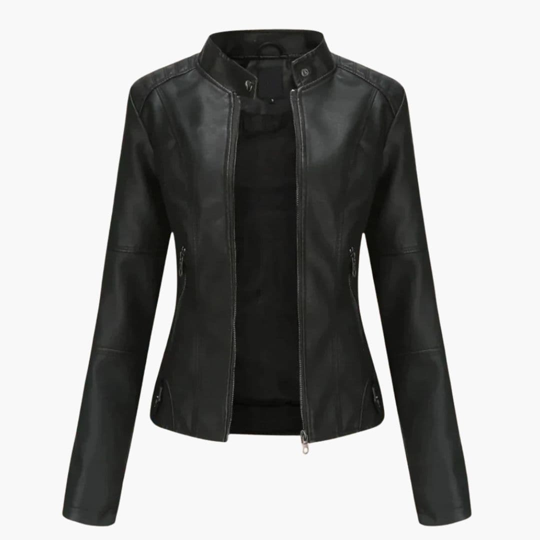 Women's black slim fit biker jacket with stand-up collar, front zip closure and zip pockets