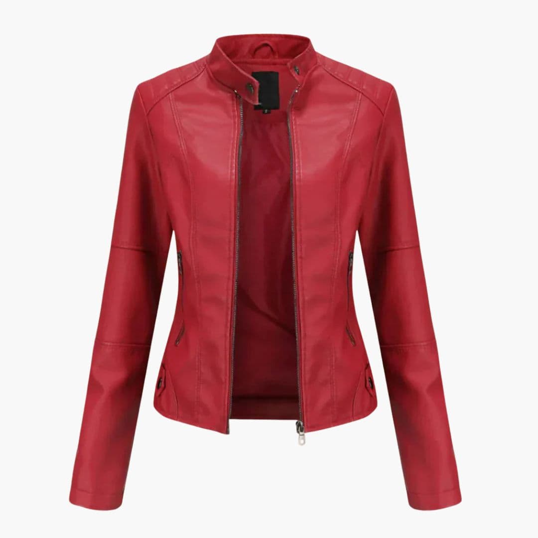 Women's slim fit black biker jacket stand-up collar front zip closure zip pockets streetwear style