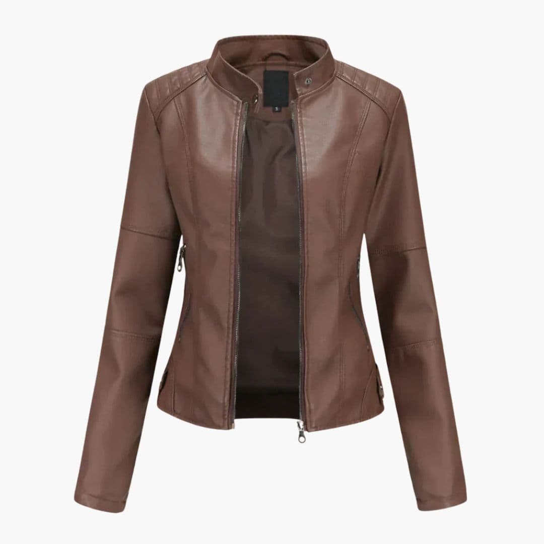Women's slim fit black biker jacket with stand-up collar, front zip closure and zip pockets