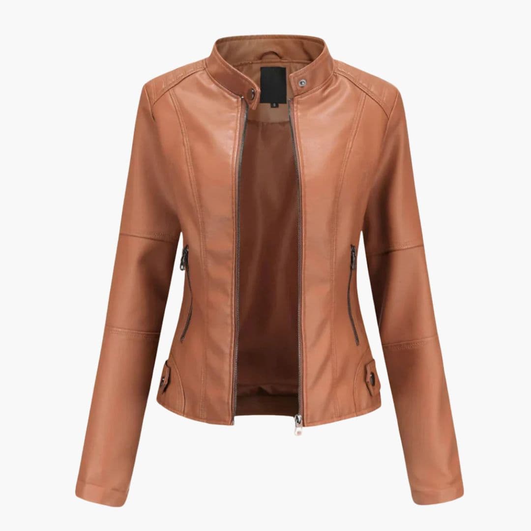 Women's slim fit black biker jacket with stand-up collar, front zip closure, and zip pockets