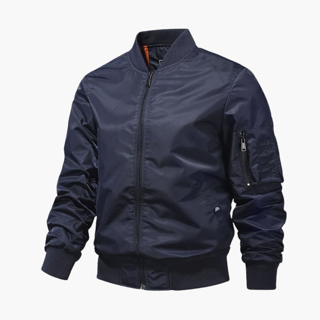 Men's black bomber jacket ribbed collar zippered sleeve pocket clean silhouette casual everyday wear