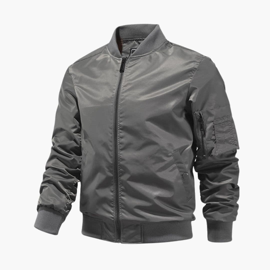 Men's black bomber jacket ribbed collar zippered sleeve pocket casual everyday wear