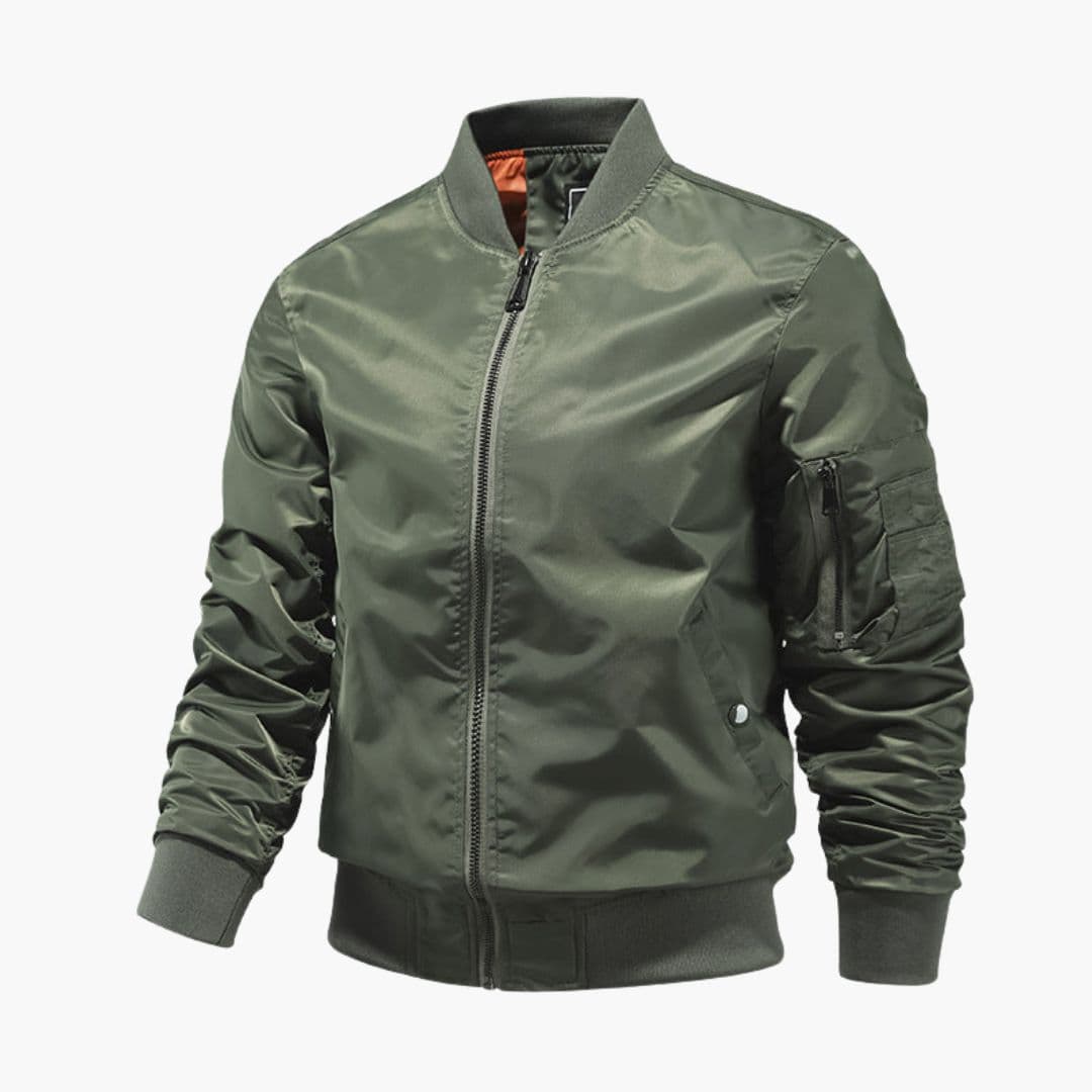 Men's black bomber jacket ribbed collar zippered sleeve pocket casual everyday wear slim fit