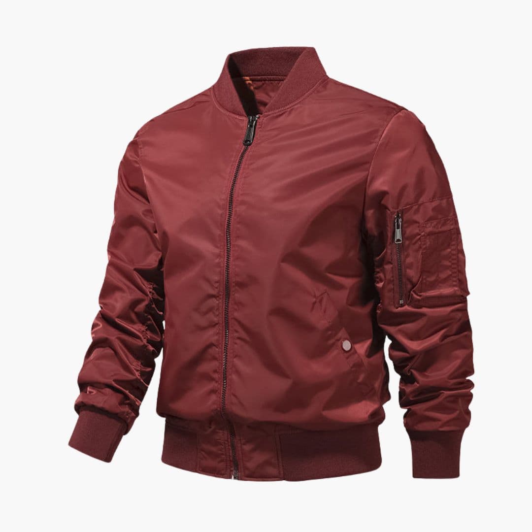 Men's black bomber jacket ribbed collar zippered sleeve pocket clean silhouette everyday wear