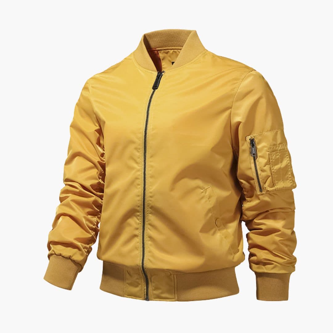Men's black bomber jacket ribbed collar zippered sleeve pocket clean silhouette casual everyday wear