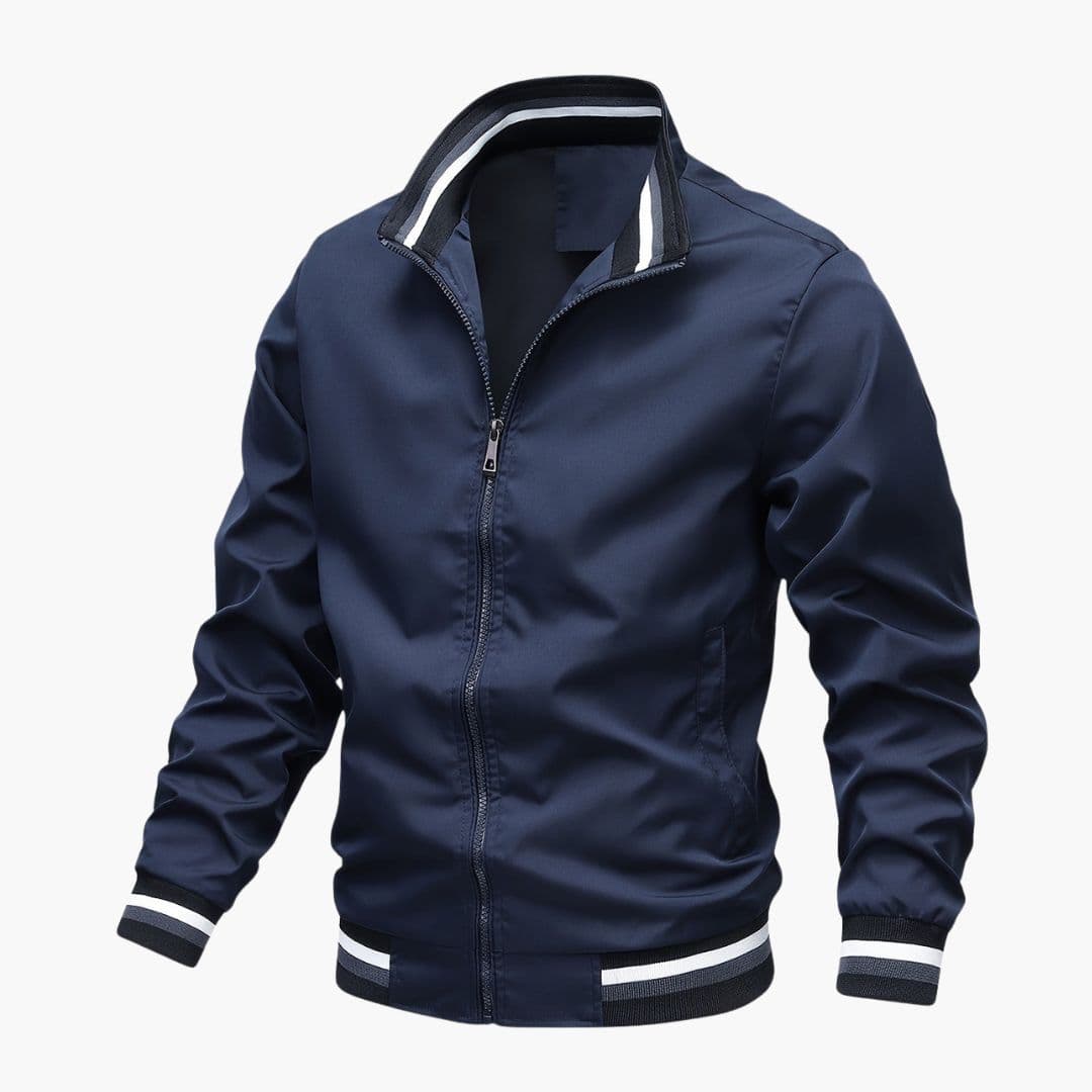 Men's black bomber jacket striped collar front zip ribbed cuffs casual everyday style