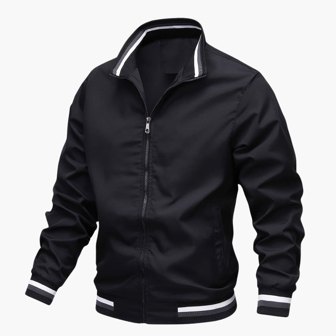 Men's black bomber jacket striped stand-up collar front zip ribbed cuffs casual everyday style