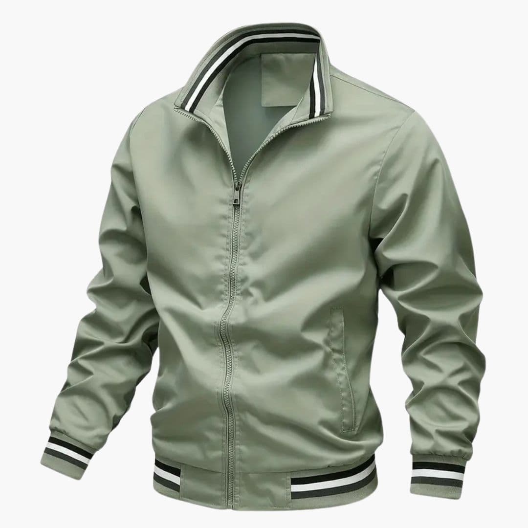 Men's bomber jacket with striped collar, ribbed hem cuffs, front zip closure, and two pockets