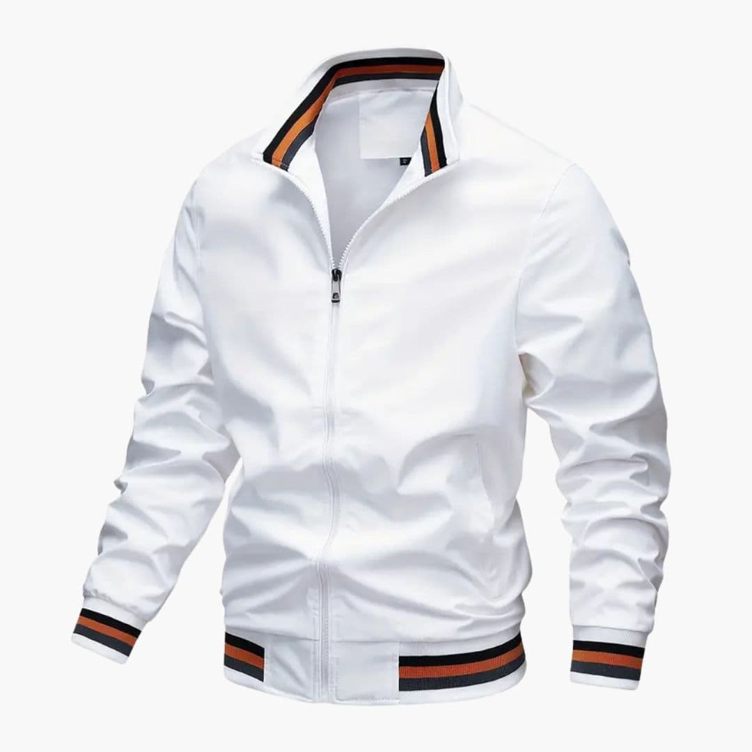 Men's bomber jacket with striped collar, ribbed cuffs, front zip, and two pockets in classic style