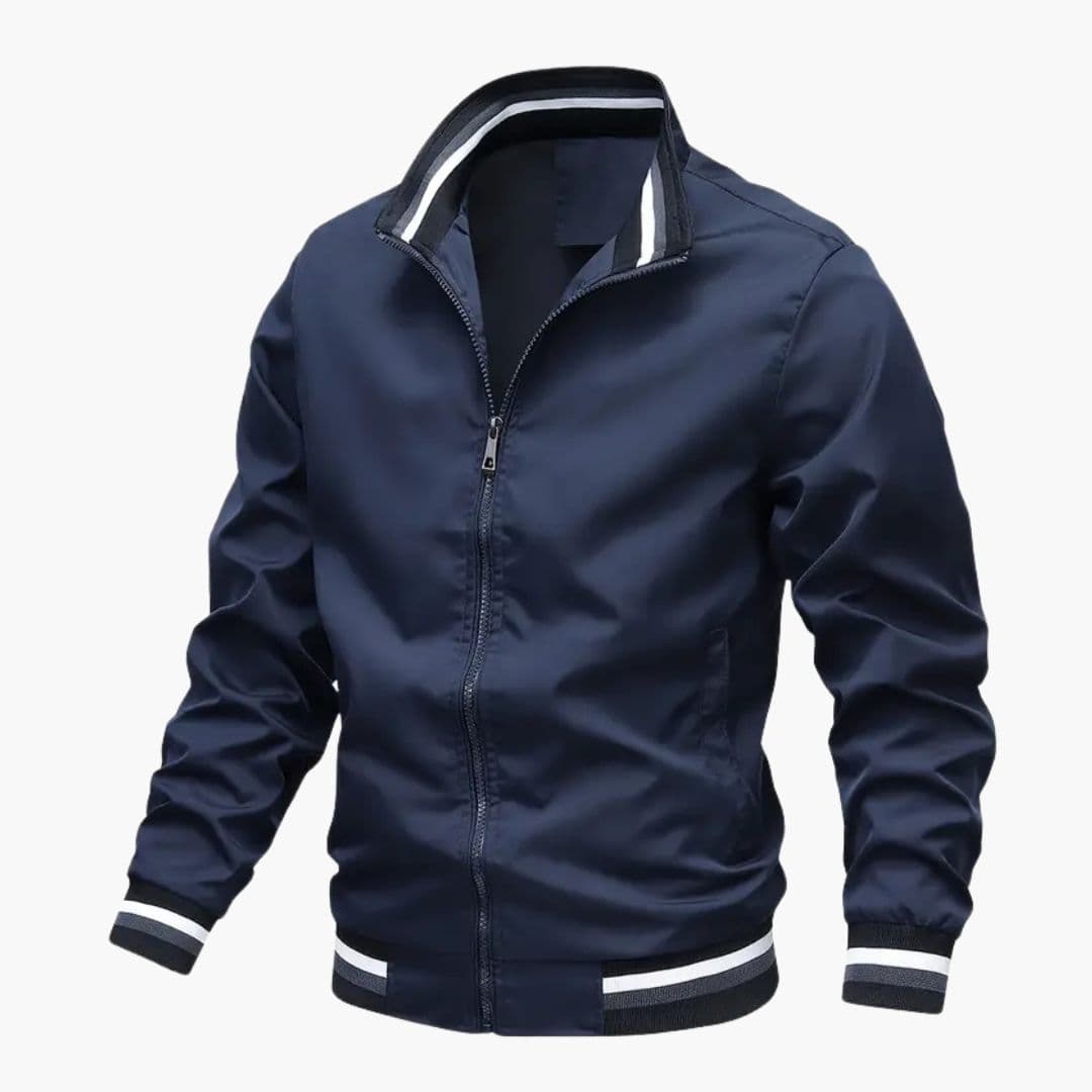 Men's bomber jacket with striped collar, ribbed cuffs, front zip, and two pockets in classic aviator style