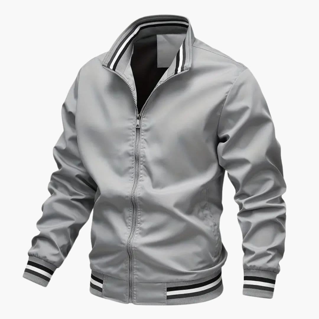 Men's bomber jacket with striped collar, ribbed cuffs, front zip closure, and two side pockets
