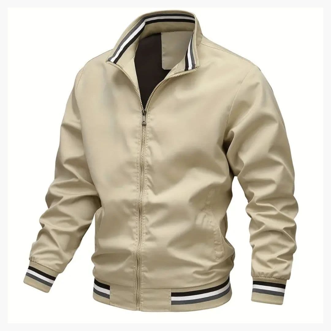 Men's black bomber jacket with striped collar, ribbed cuffs, front zip closure, and dual pockets