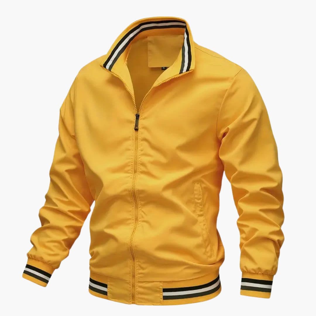 Men's black bomber jacket with striped stand-up collar, ribbed cuffs, front zip, and dual pockets