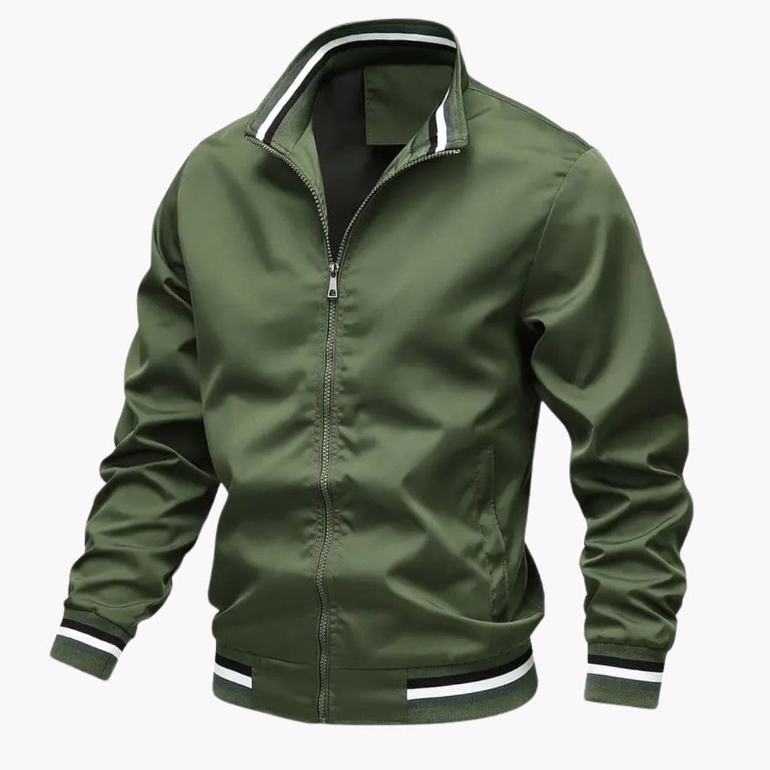 Men's bomber jacket with striped collar, ribbed cuffs, front zip, and two pockets in classic aviator style