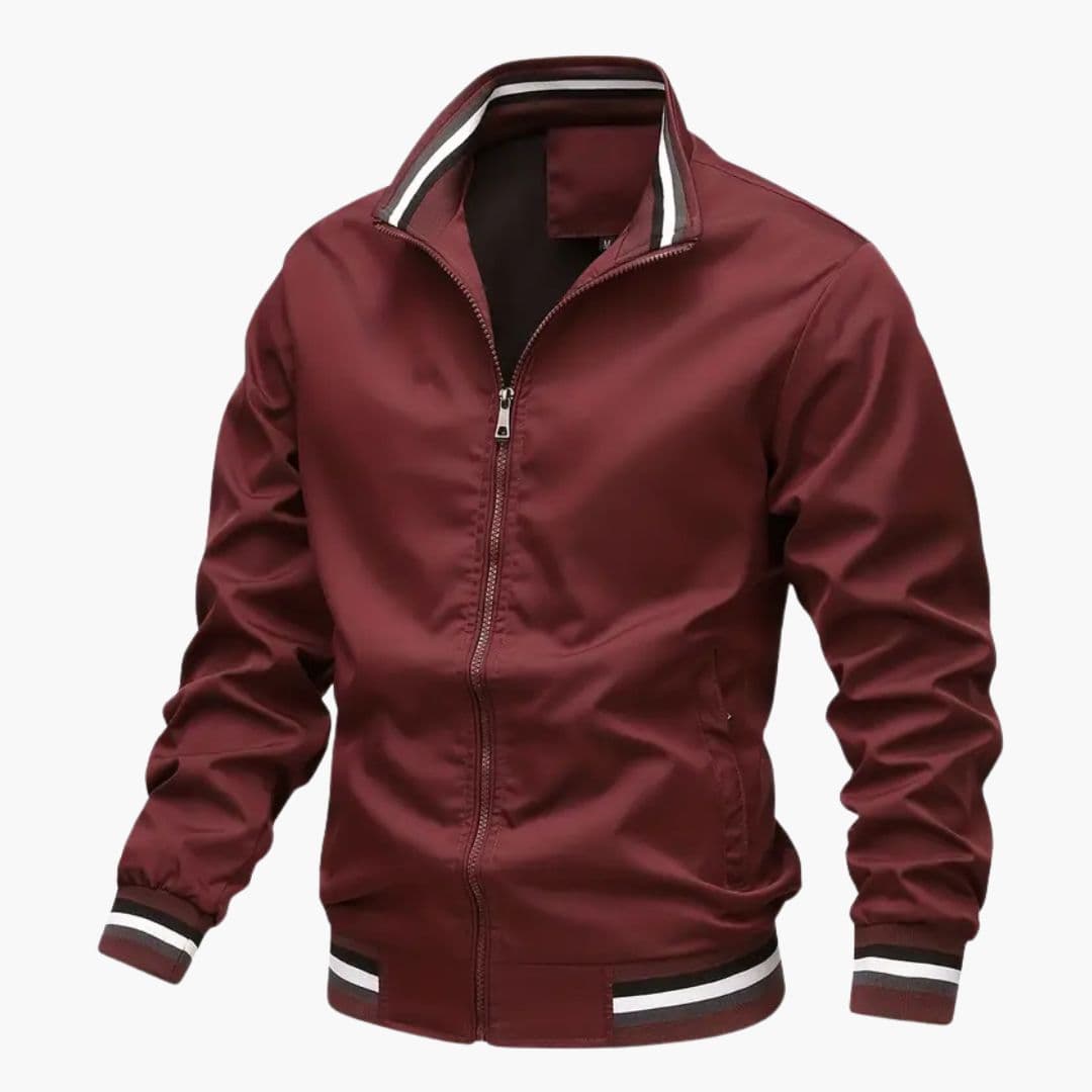 Men's bomber jacket with striped collar, ribbed cuffs, front zip closure, and two side pockets