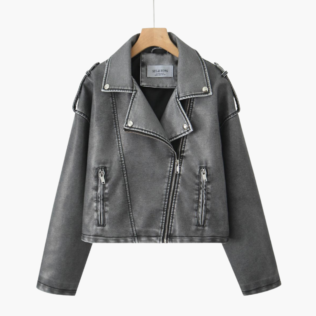 Women's black biker jacket asymmetrical zip notched collar adjustable belt moto style