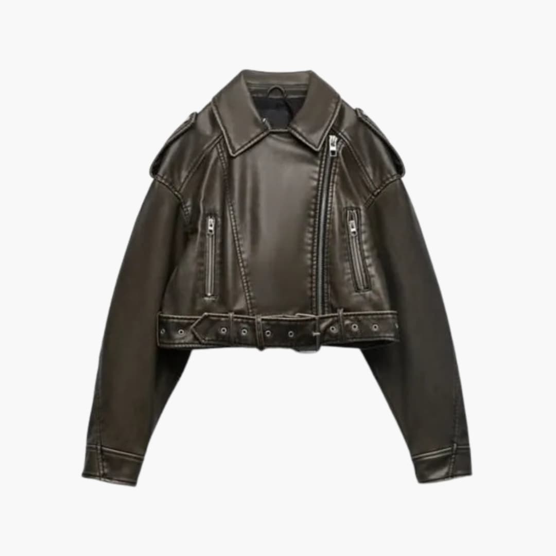 Women's black biker jacket asymmetrical zip notched collar adjustable belt moto style