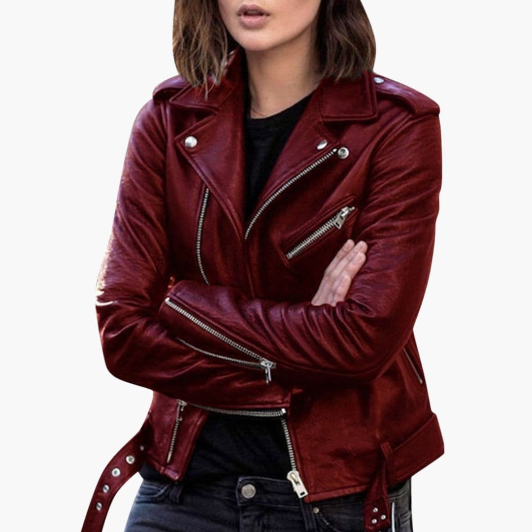 Women's black biker jacket notched collar asymmetric zip front pockets belted hem moto style