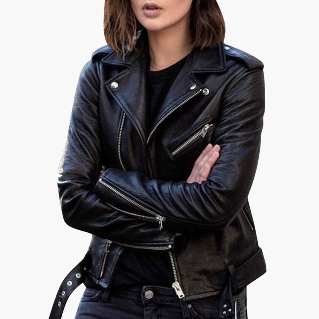 Women's black biker jacket notched collar asymmetric zip front pockets belted hem moto style