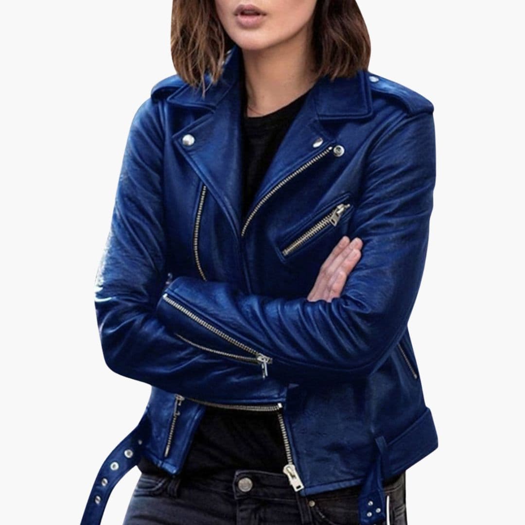 Women's black biker jacket notched collar asymmetric zip front pockets belted hem moto style