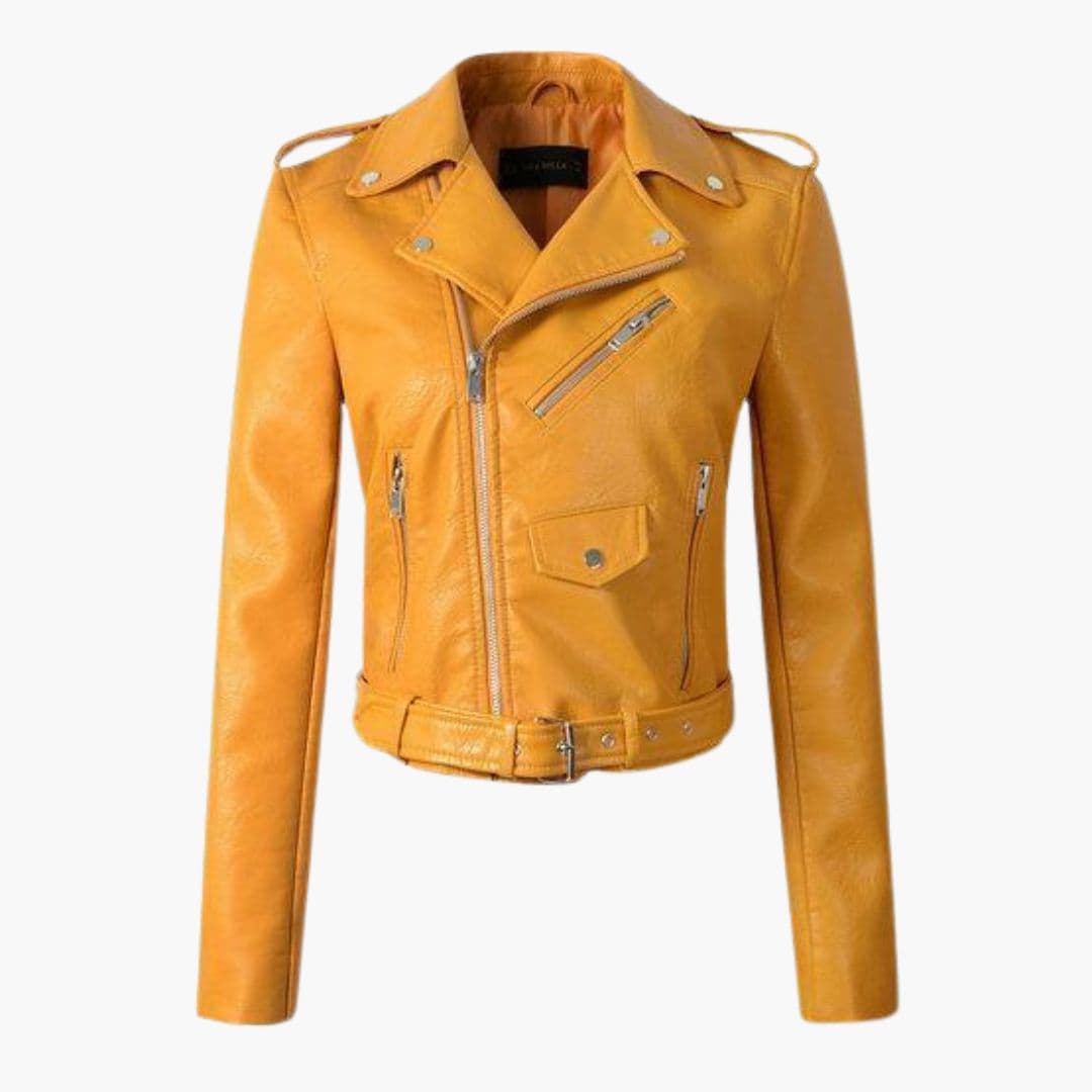 Women's black biker jacket with zipper closure, notched collar, and belt detail