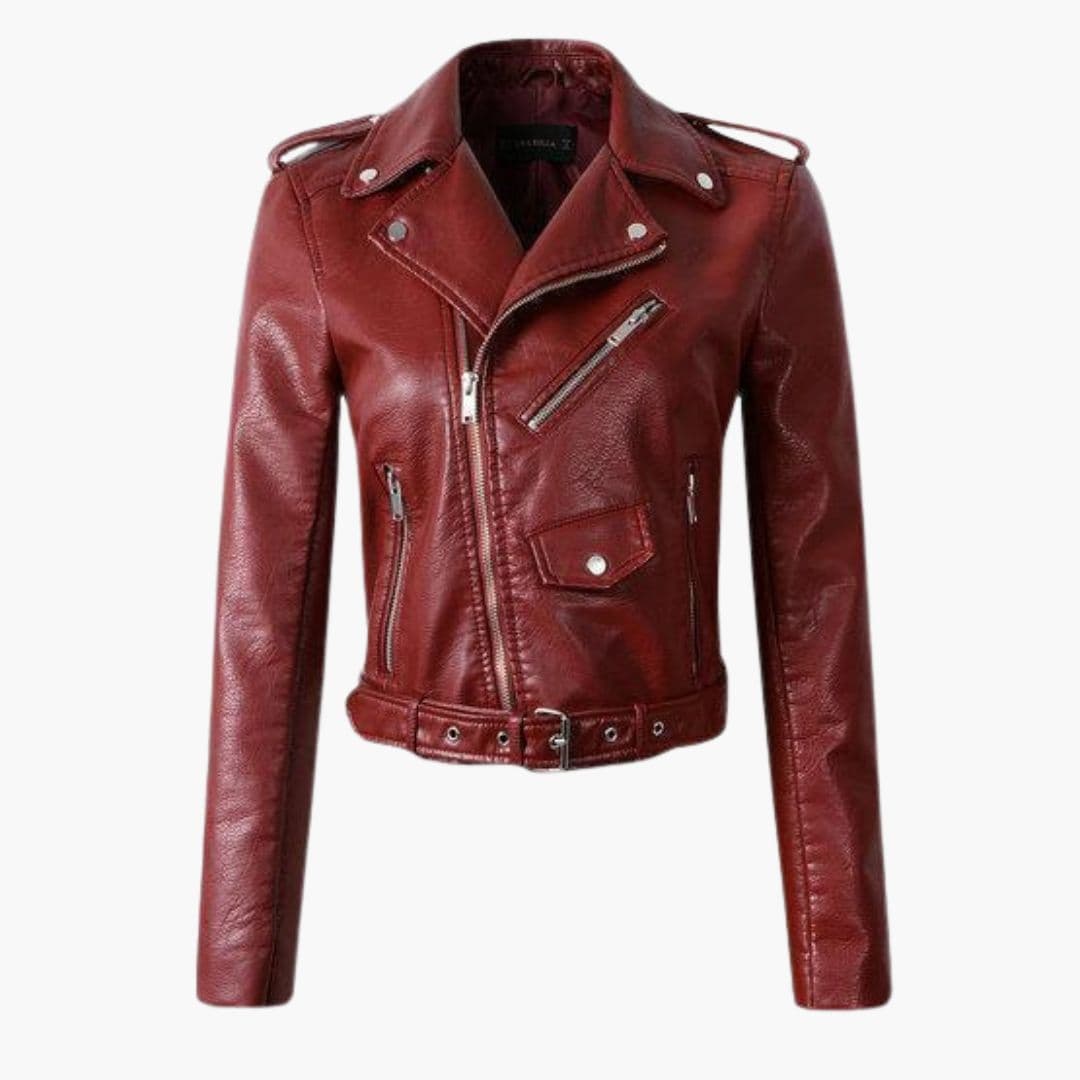Women's black biker jacket with zipper closure, notched collar, and belt detail for edgy style