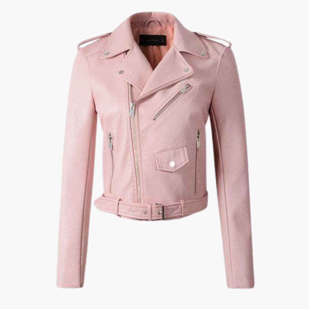 Women's black biker jacket with zipper closure, notched collar, and belt detail