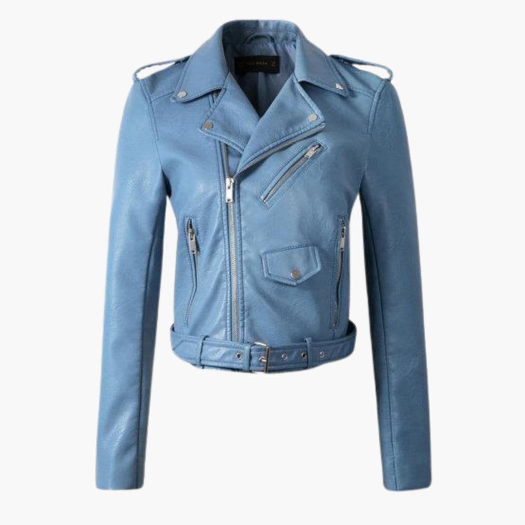 Women's black biker jacket with zipper closure, notched collar, and belt detail for edgy style