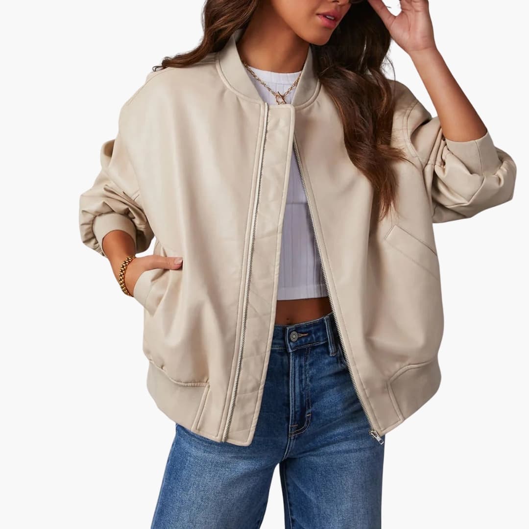 Women's oversized bomber jacket zip closure ribbed hem side pockets casual everyday fashion