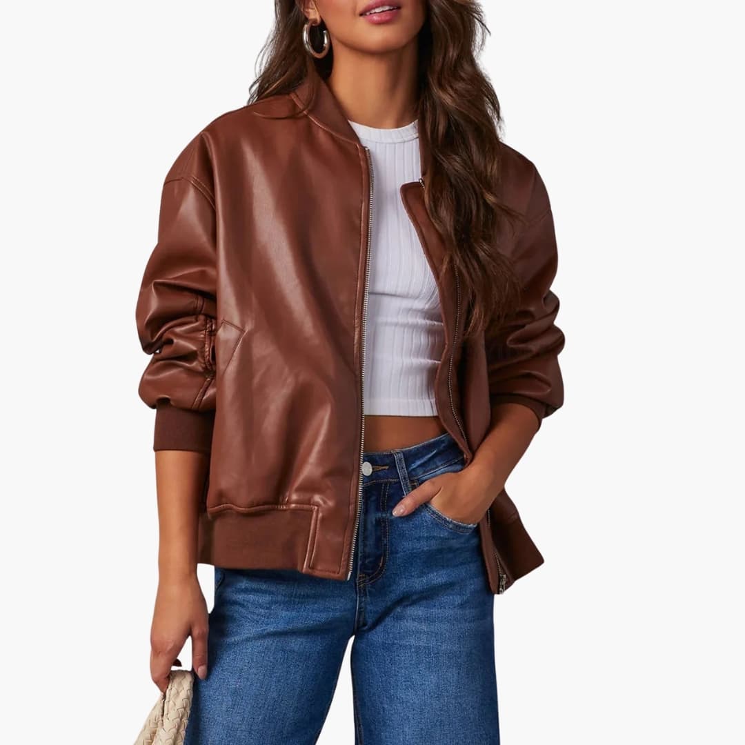 Women's oversized bomber jacket zip closure ribbed hem side pockets casual everyday style