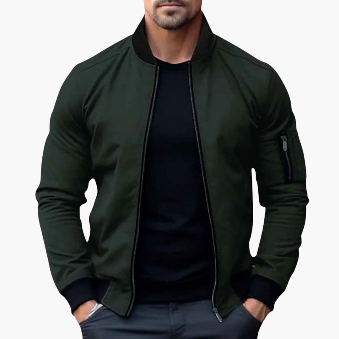 Men's casual bomber jacket with striped ribbed collar, multiple pockets, and front zip closure
